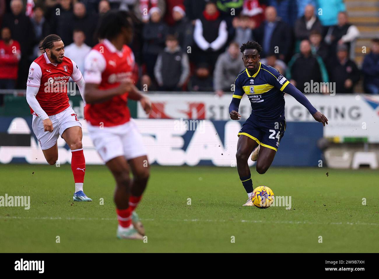 Alex Bangura #24 of Middlesbrough runs on the ball during the Sky Bet Championship match Rotherham United vs Middlesbrough at New York Stadium, Rotherham, United Kingdom, 26th December 2023  (Photo by Ryan Crockett/News Images) Stock Photo