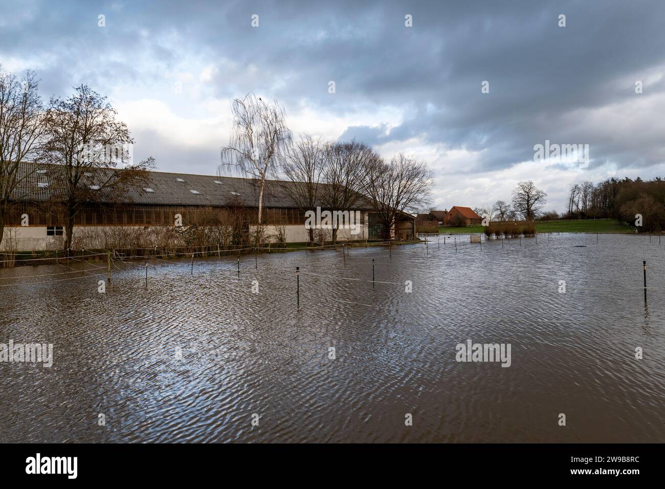 Flooded horse pasture in Petershagen-Bierde on 2nd Christmas day 2023. Stock Photo