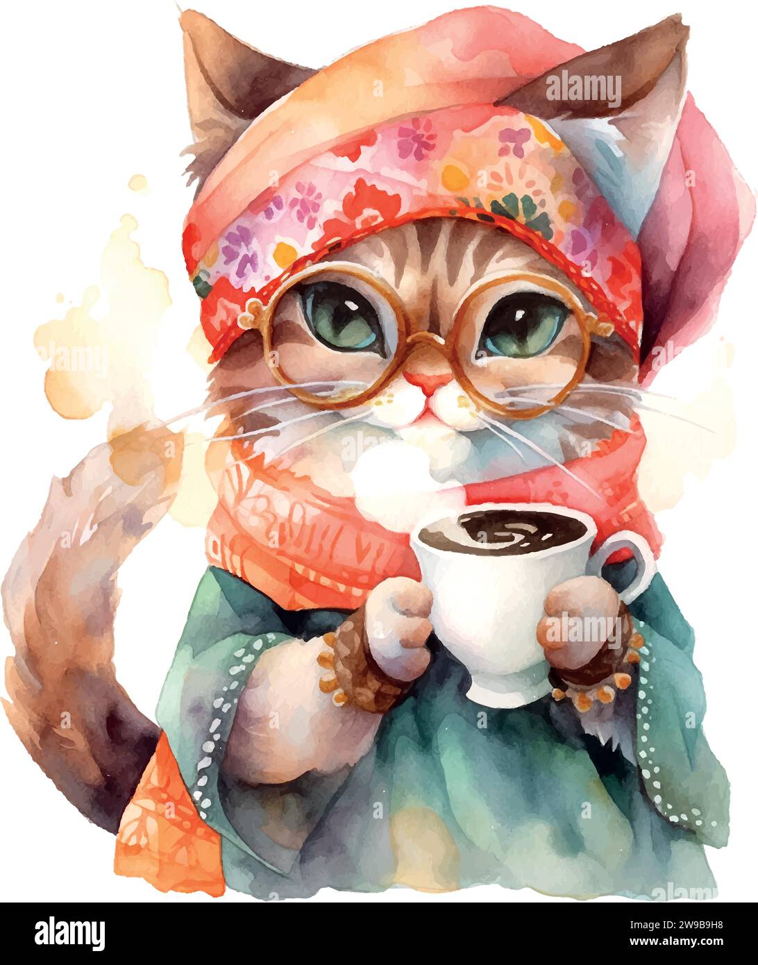 cat in the turban with a cup of coffee watercolor on white Stock Vector