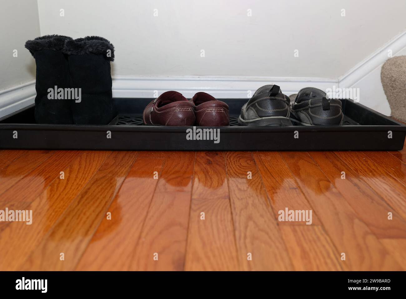 Shoes sitting on a entryway shoe tray by the front door of a home Stock