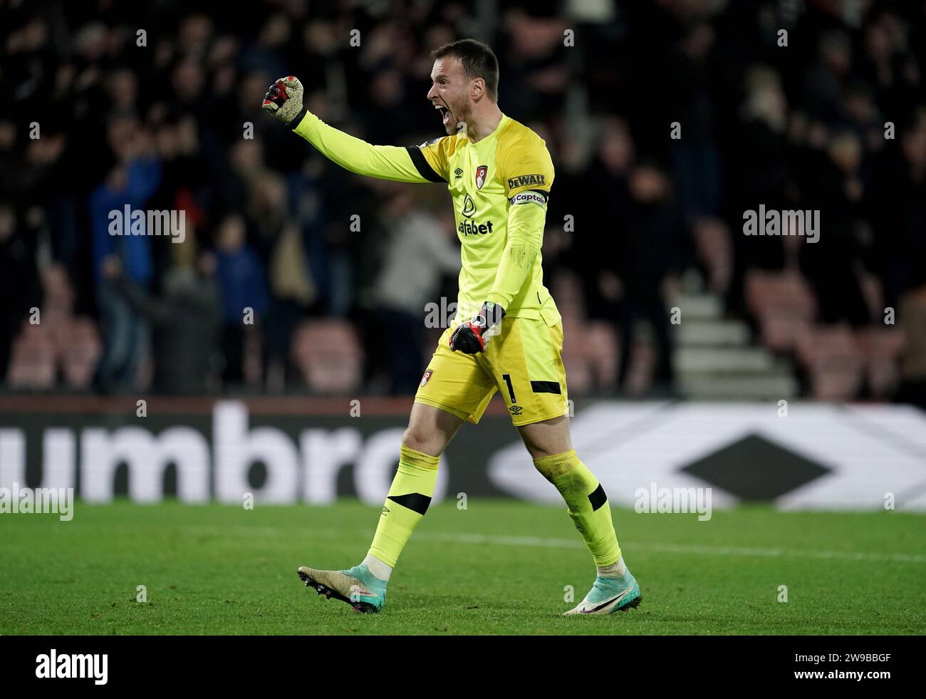 Bournemouth goalkeeper Neto celebrates after Bournemouth's Luis Sinisterra (not pictured) scored their sides third goal of the game during the Premier League match at the Vitality Stadium, Bournemouth. Picture date: Tuesday December 26, 2023. Stock Photo