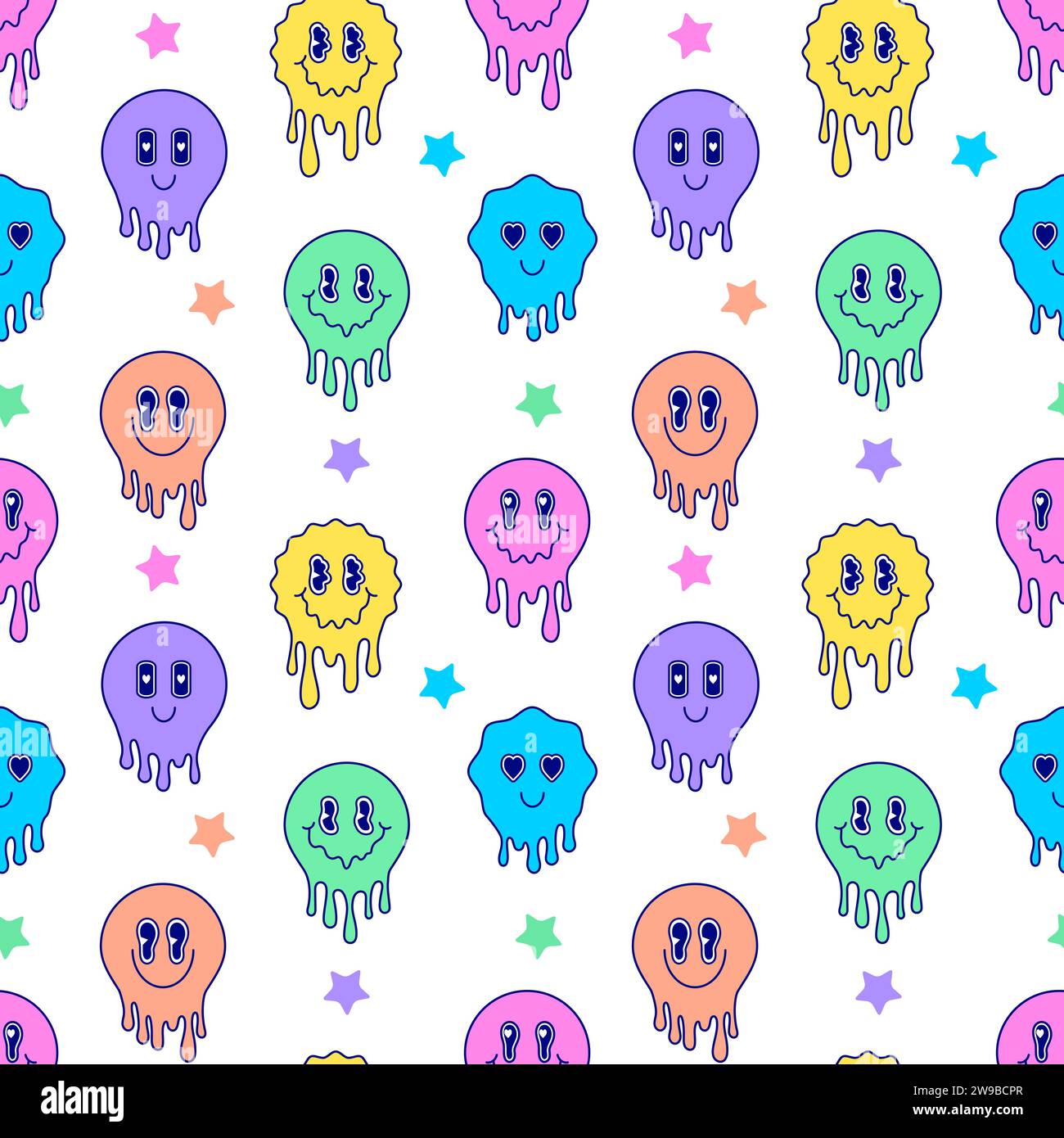 Seamless pattern with colorful melting emoticons on white background. Stock Vector