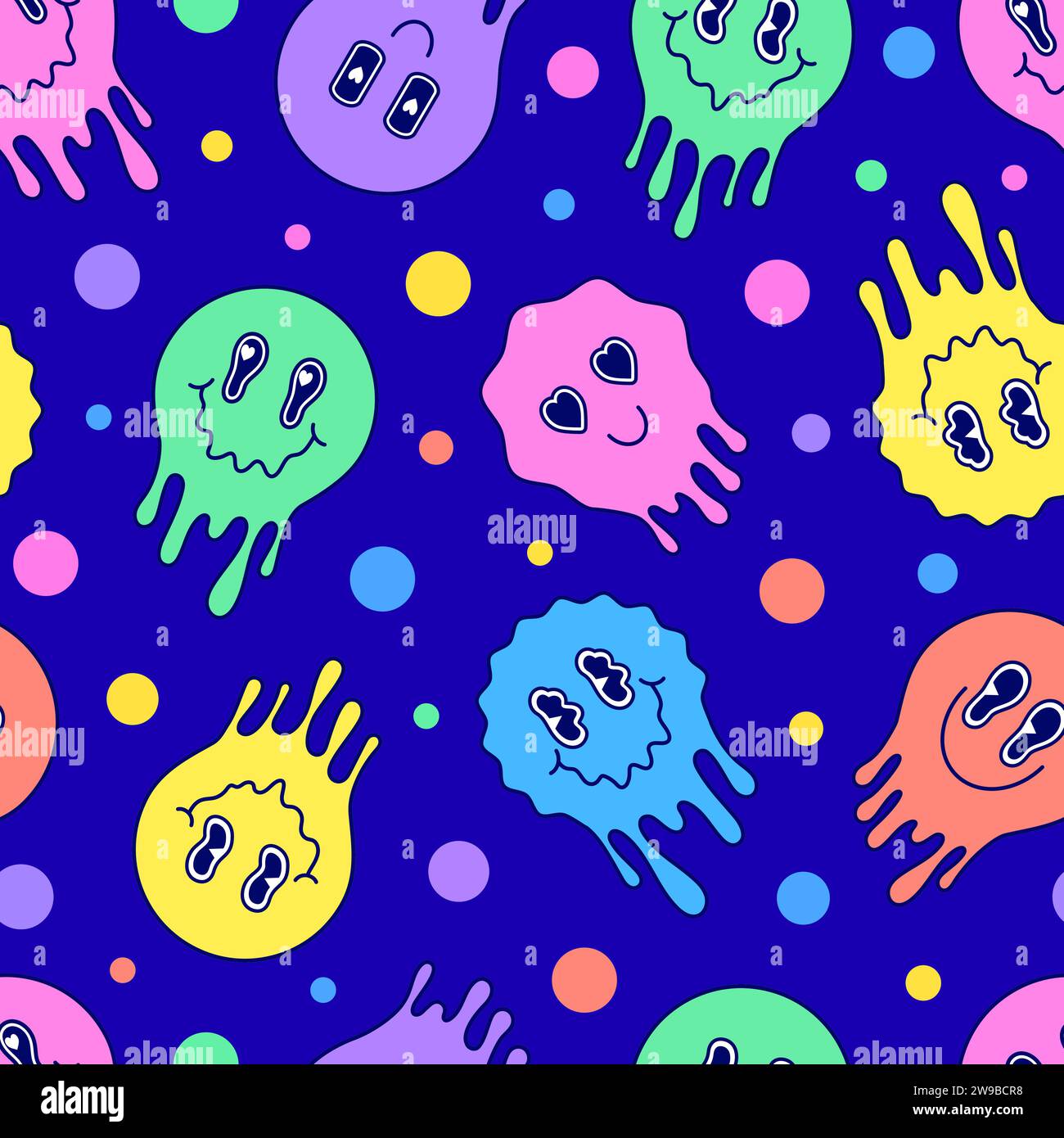Seamless pattern with colorful melting emoticons on white background. Stock Vector