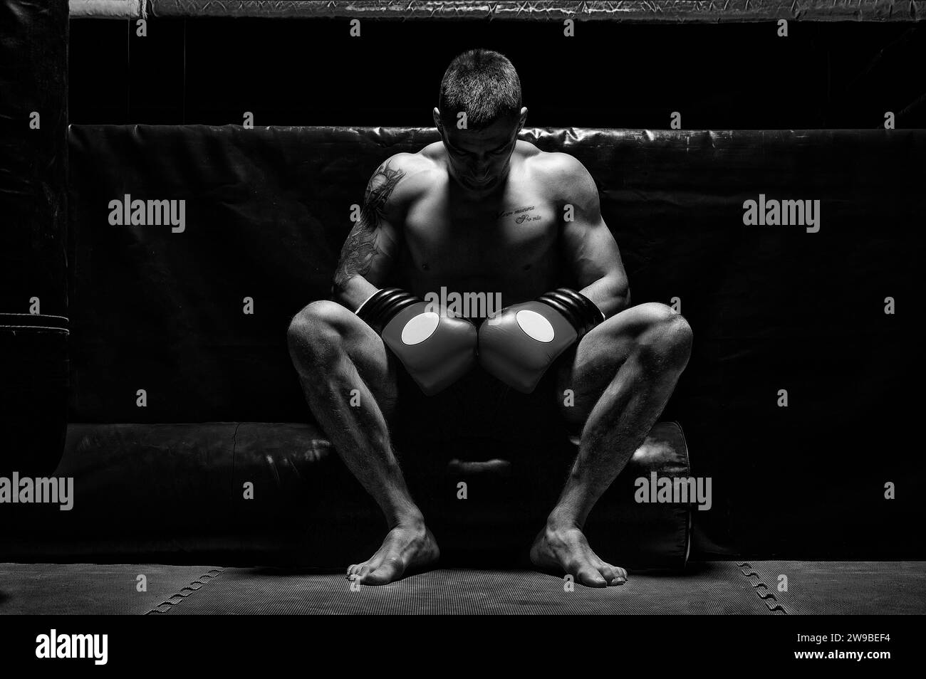 Boxer sits in gloves near the ring with his head bowed. The concept of sports, boxing, mixed martial arts, sports betting. Mixed media Stock Photo