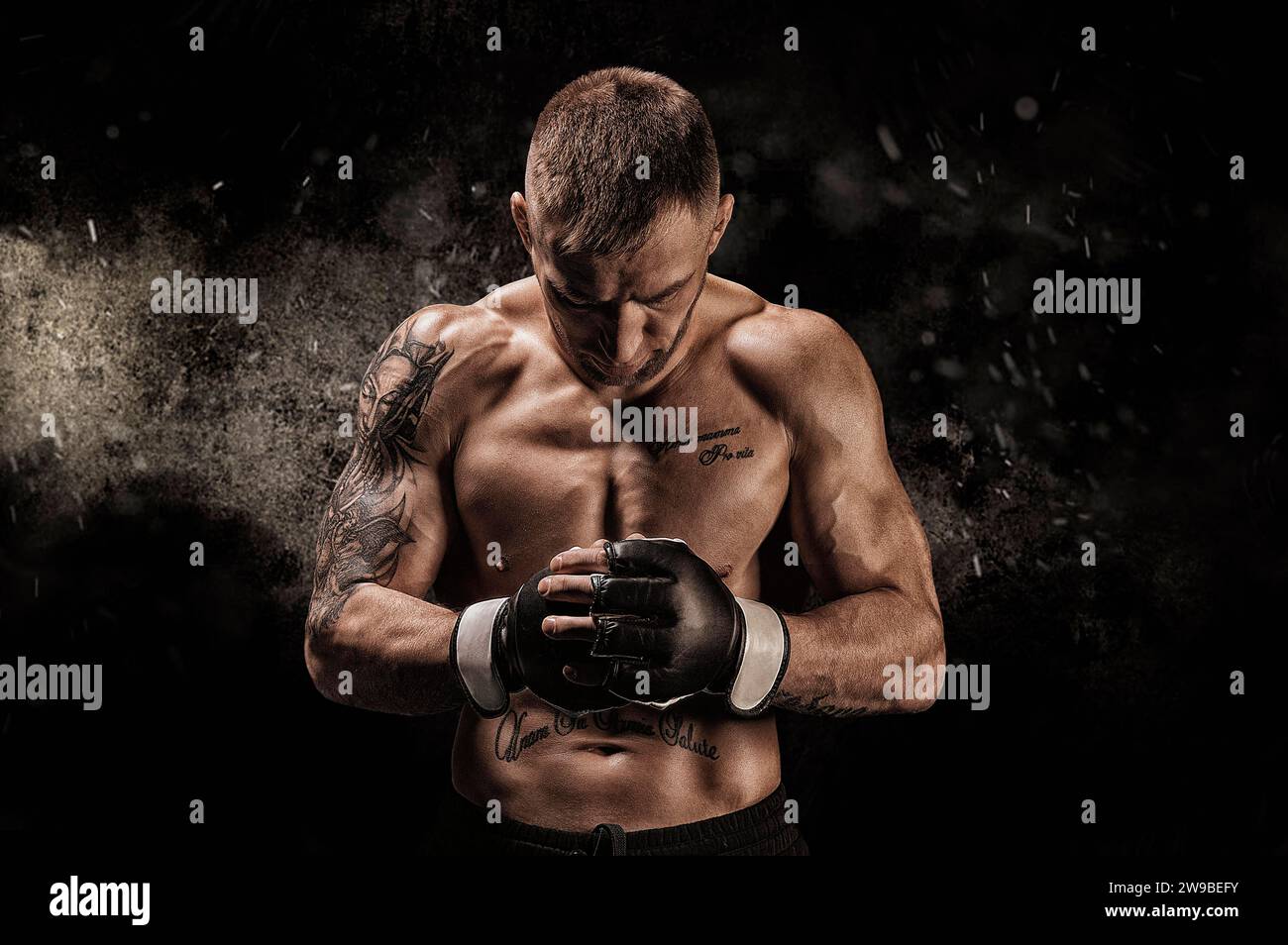 Mixed martial artist posing on a black background. Concept of mma, ufc