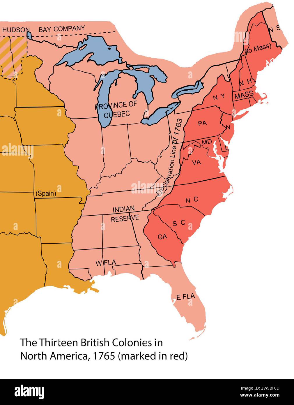 Thirteen Colonies. Map of the 13 British colonies in North America, 1765 (marked in red) with modern borders overlaid Stock Photo