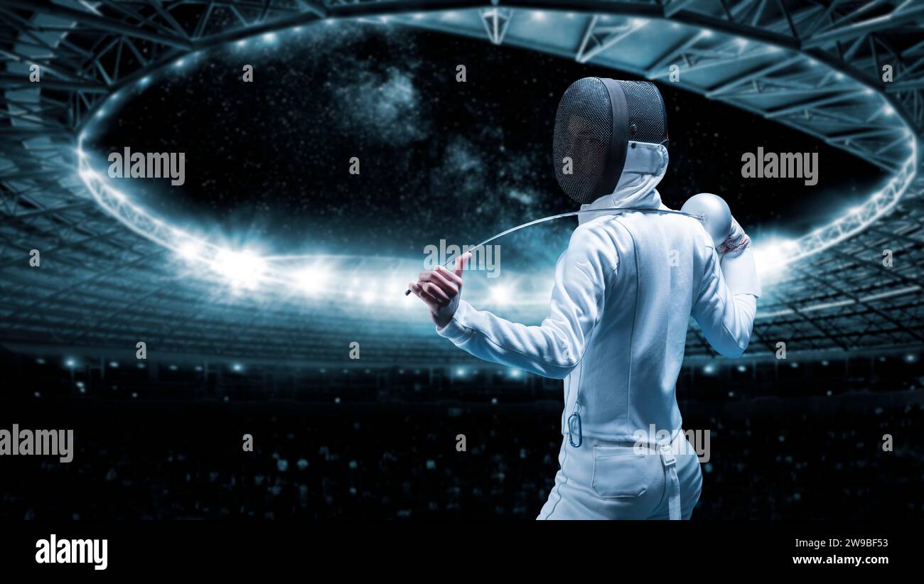 Portrait of a fencer against the backdrop of a sports arena. The concept of fencing. Mixed media. Back view Stock Photo