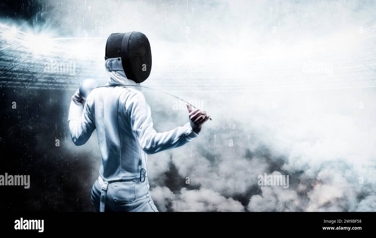 Portrait of a fencer against the backdrop of a sports arena. Smoke and sparks, mystical background. The concept of fencing. Back view. Mixed media Stock Photo