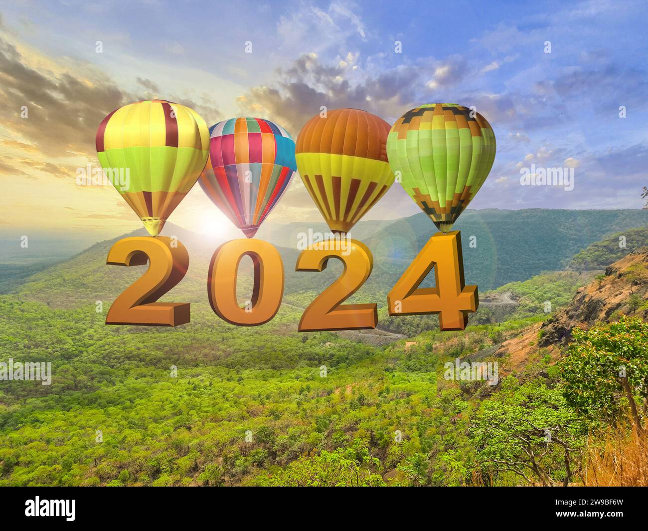 New year 2024 concept. Text 2024 hanging on the hot air balloon at