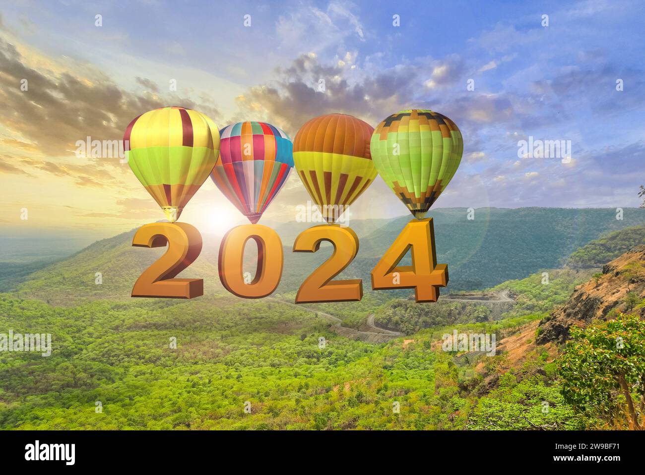 New year 2024 concept. Text 2024 hanging on the hot air balloon at