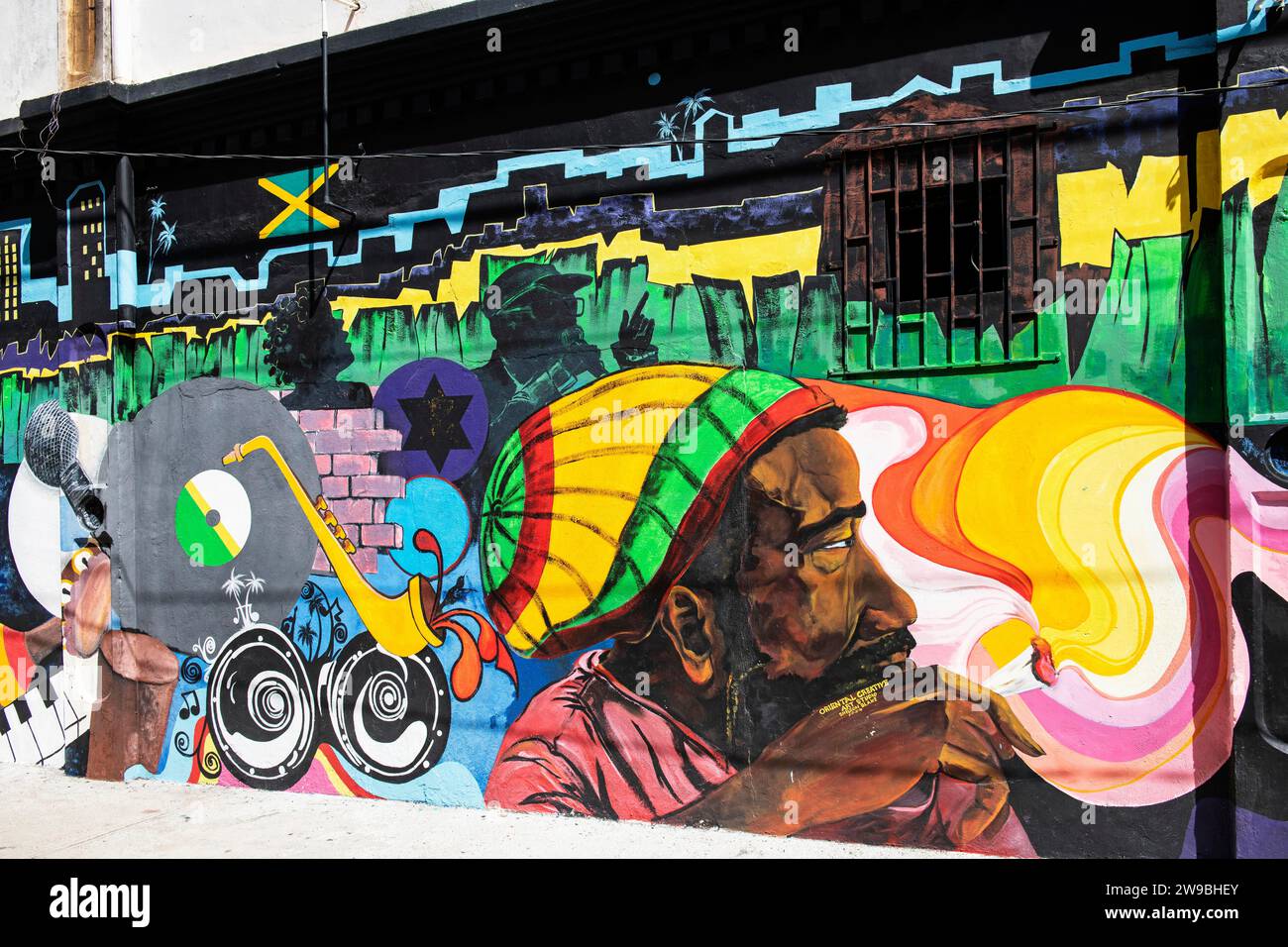 Rastafari with joint mural, Water Lane, Downtown Arts Project, Kingston