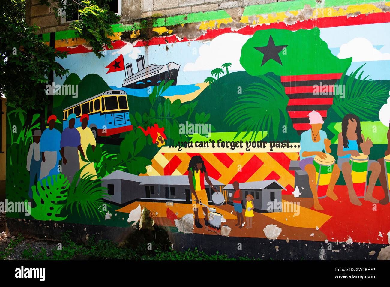 Mural depicting the creation of Trench Town, Culture Yard Museum, Trench Town, Kingston, Jamaica, Central America Stock Photo