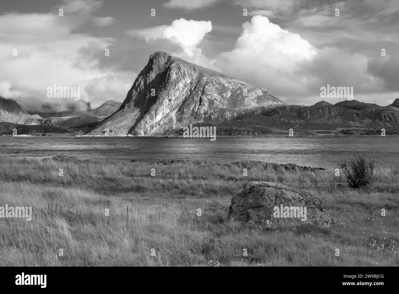 Black and white image of Storsandnes, Flakstadoy, Lofoten Islands, Norway Stock Photo