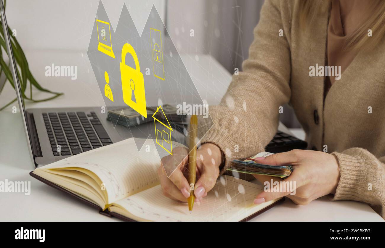 Cyber security concept, Person hand touching cyber security icon on ...