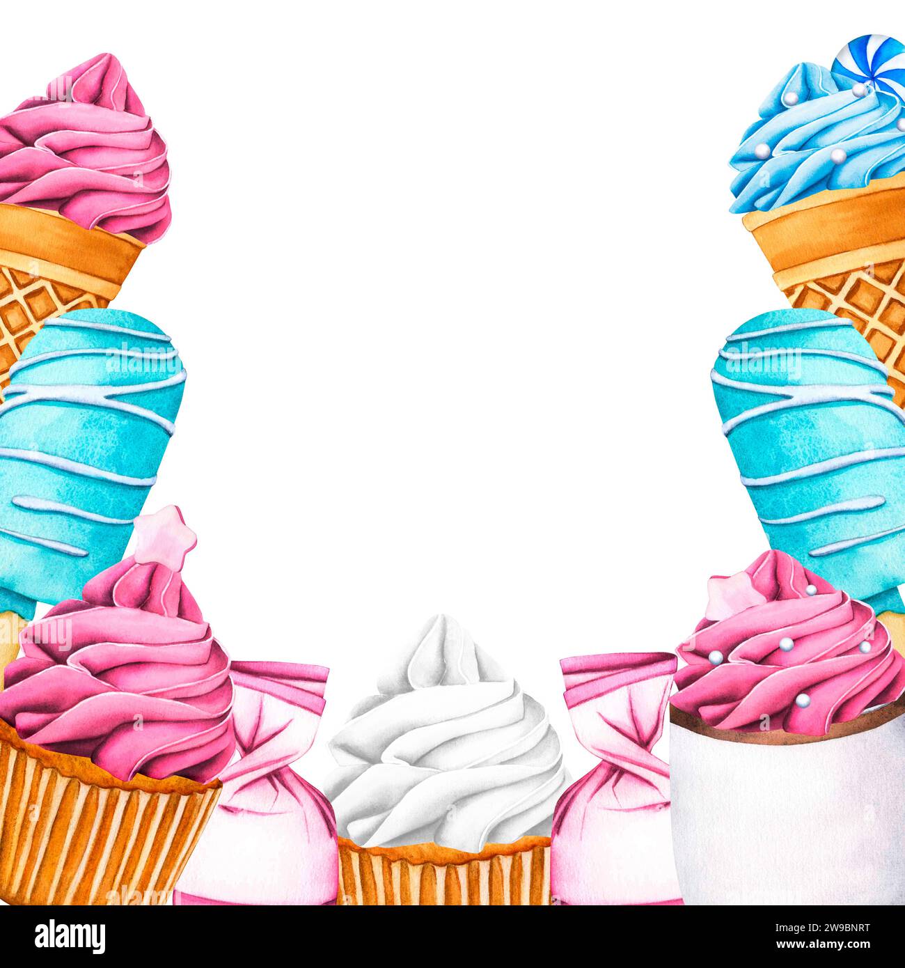 Frame. Sweet dessert ice creams, cupcake with pink berry cream and