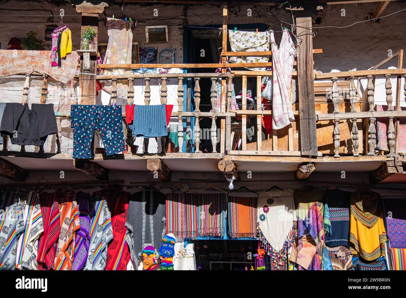 A local Peruvian's clothes / washing hanging on a balcony in Cusco, Peru Stock Photo