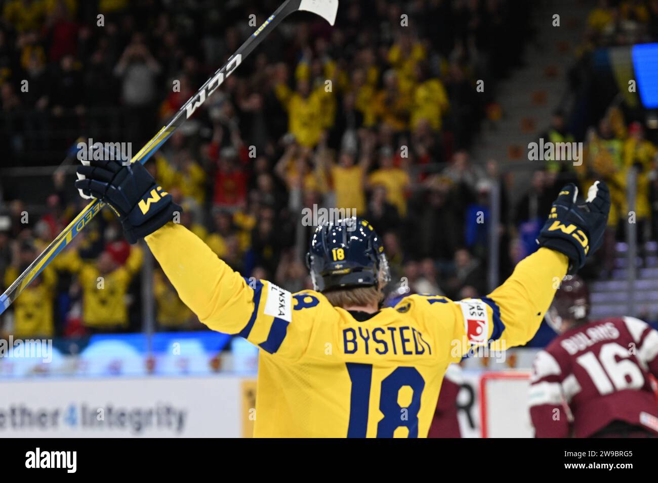 Gothenburg, Sweden 20231226Score 2-0 Sweden's Filip Bystedt during the IIHF World Junior Championship group A ice hockey match between Sweden and Latv Stock Photo