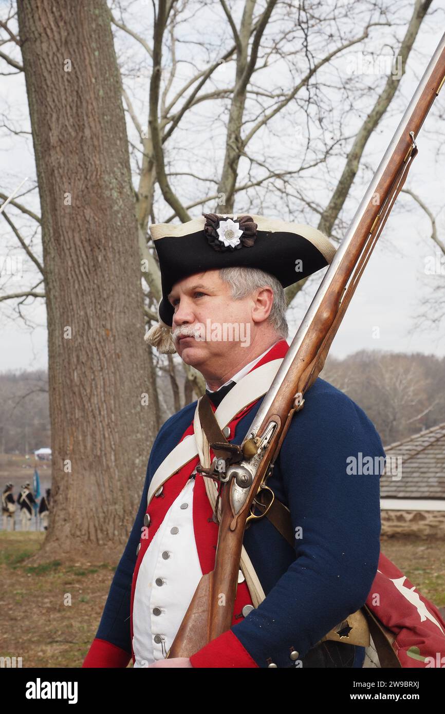 The reenactment of Washington crossing the Delaware River is done every year on Christmas Day. Stock Photo