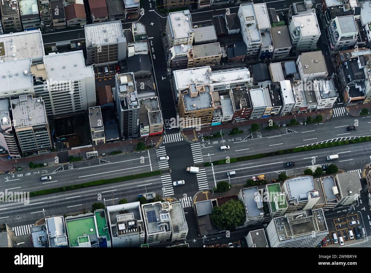 drone view of a crossing in Tokyo Stock Photo