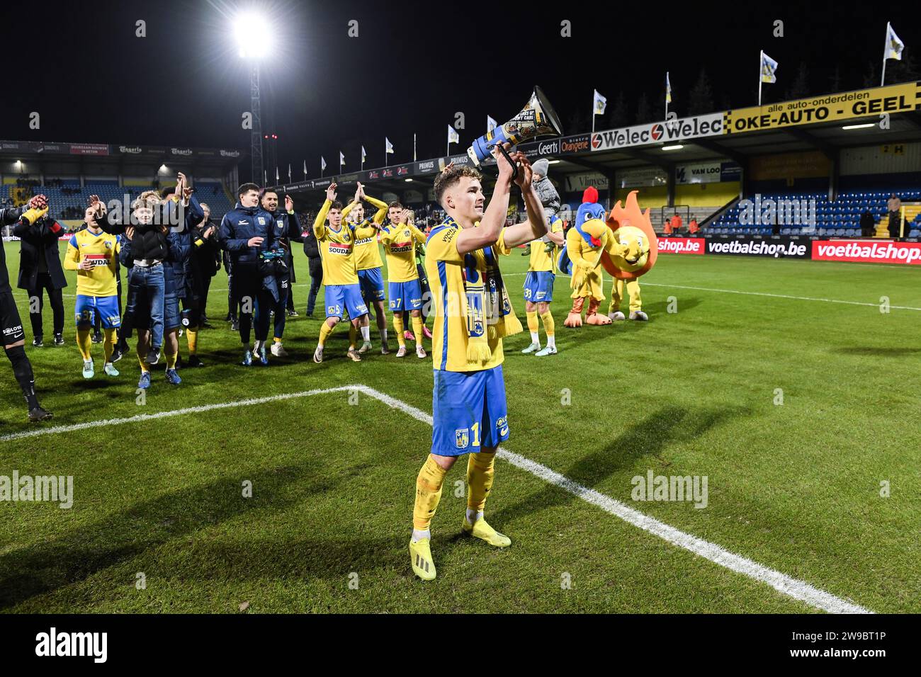 Westerlo, Belgium. 26th Dec, 2023. Westerlo's Griffin Yow celebrates ...