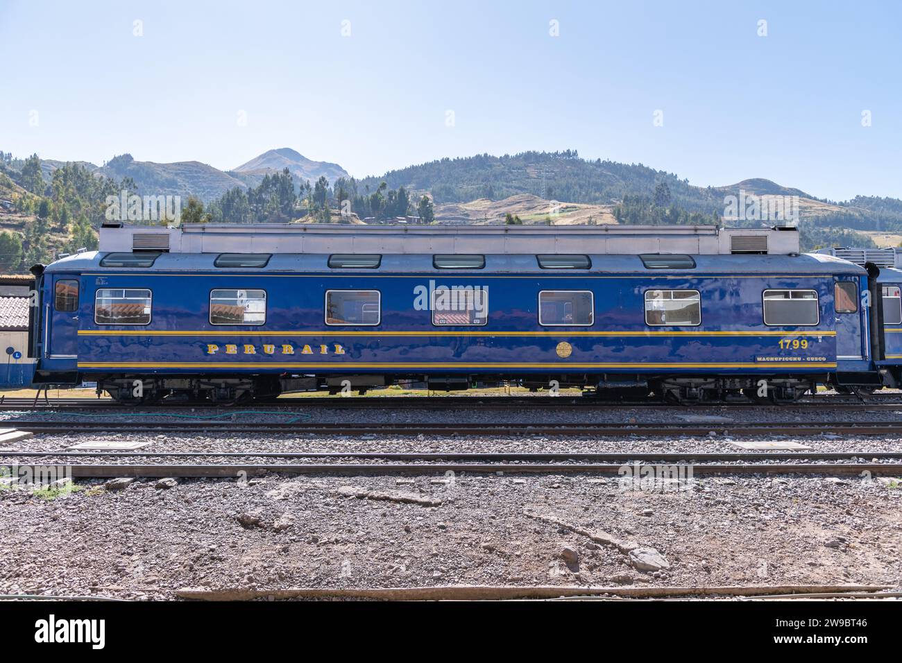 The Perurail train carriage on a railway track at Poroy Station in Cusco, Peru Stock Photo