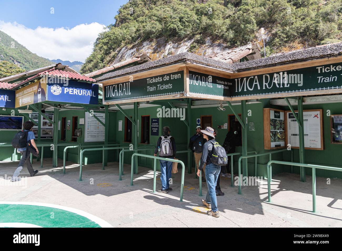 The entrance to the Perurail train station at Aguas Calientes near Machu Picchu in Peru Stock Photo