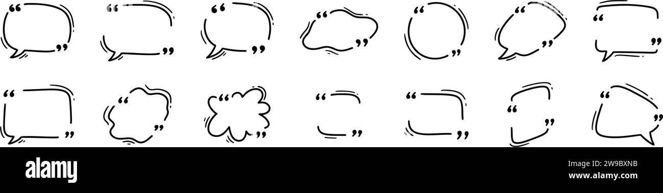 Doodle quotation mark box. Hand drawn blank quote text speech bubble. Sketch feedback design. Dialogue, conversation, talk template. Scribble vector i Stock Vector