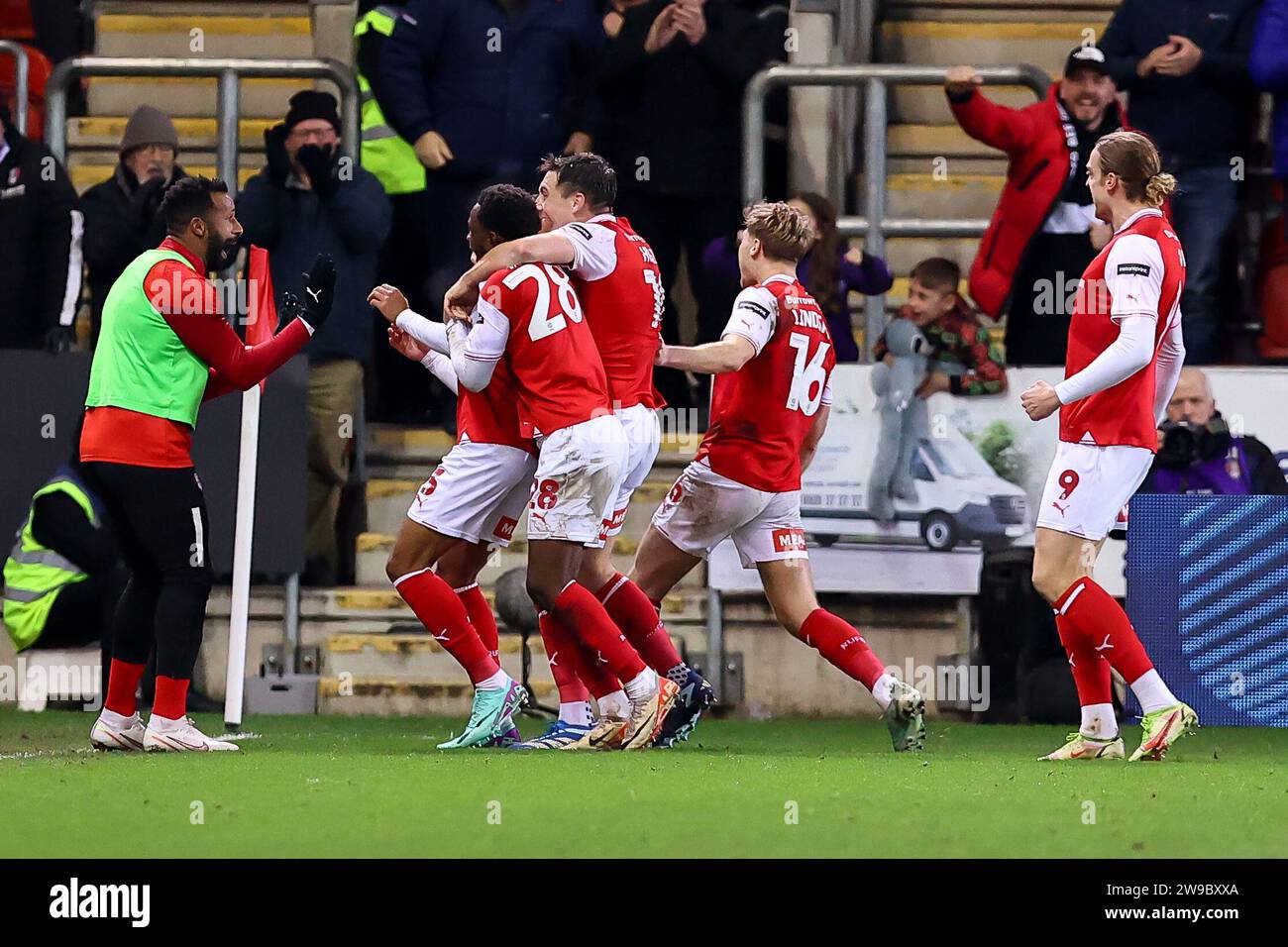 Cohen Bramall 3 of Rotherham United celebrates his goal with teammates