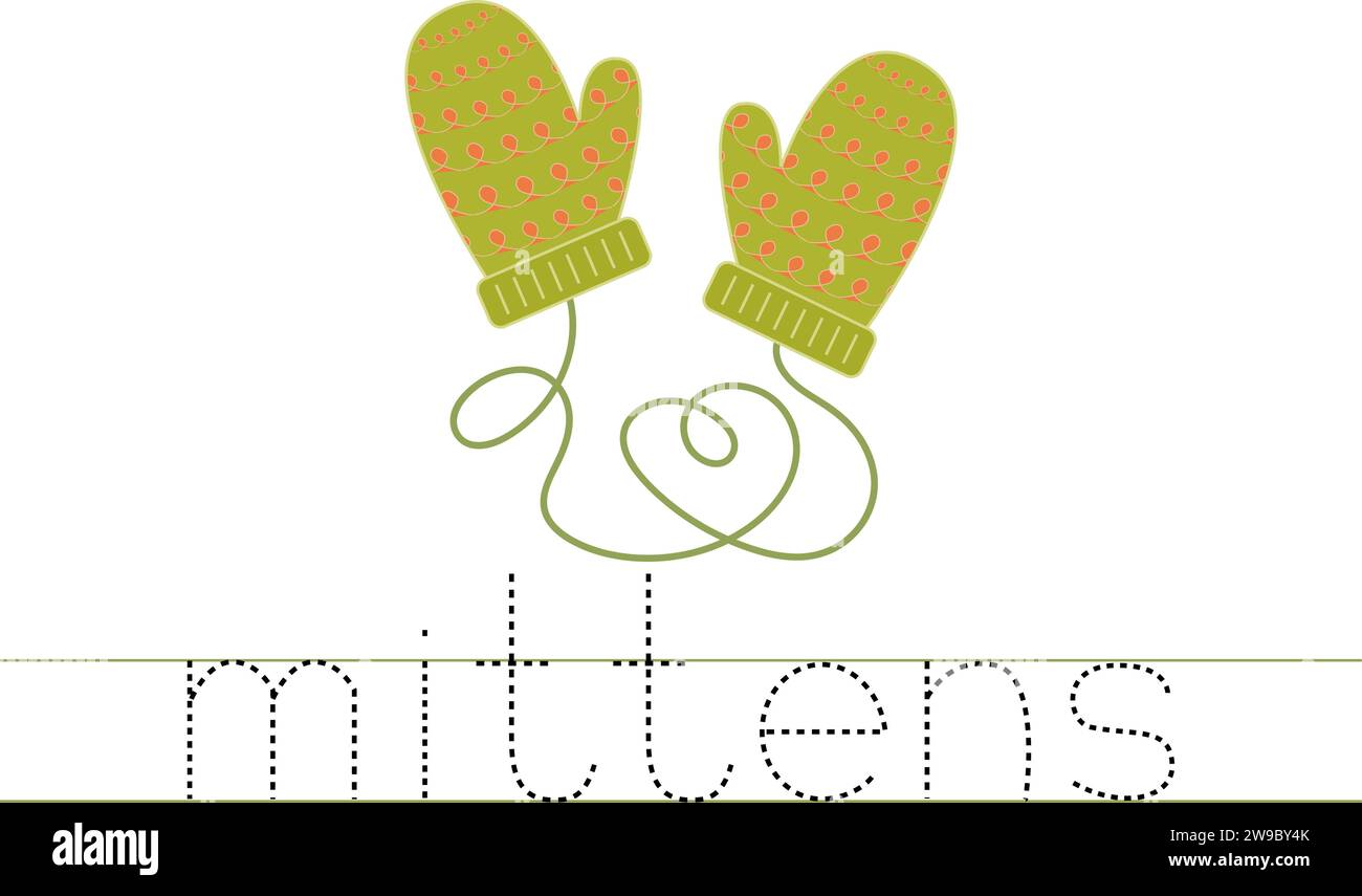 Trace word mittens. English worksheet for kids. Cartoon colorful