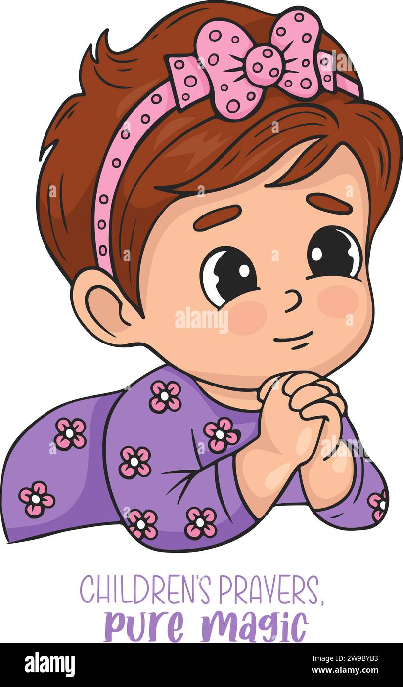Cute praying little girl. Religious believer child character. Vector illustration. Kids