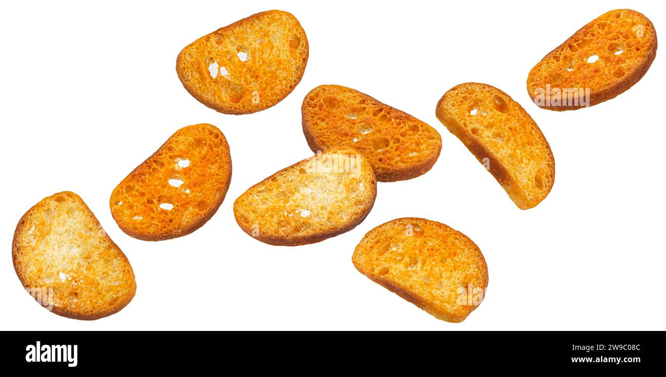 Baked crackers, round bread croutons isolated on white background Stock Photo