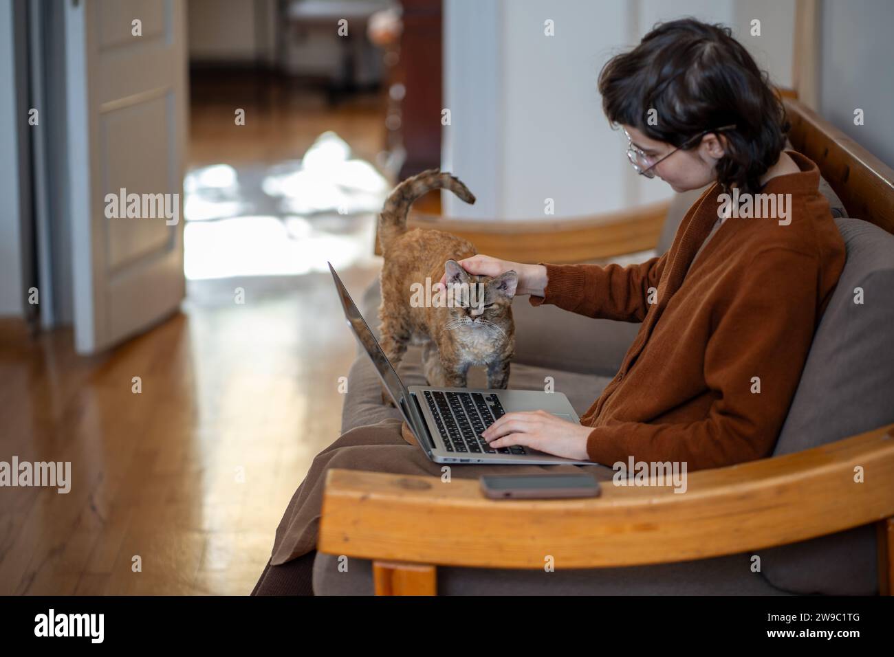 Tender loving girl sitting on couch, stroking cat who diverts girl attention from work, study Stock Photo