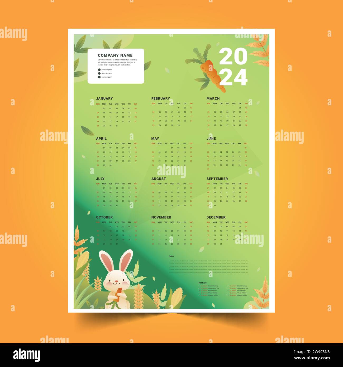 gradient 2024 calendar template design vector illustration Stock Vector