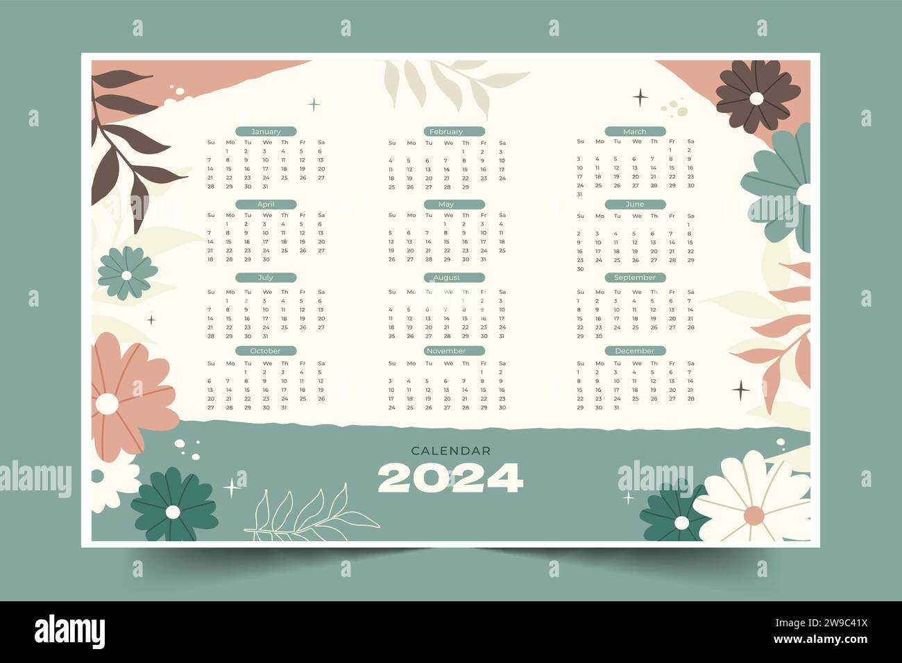 flat 2024 calendar template design vector illustration Stock Vector