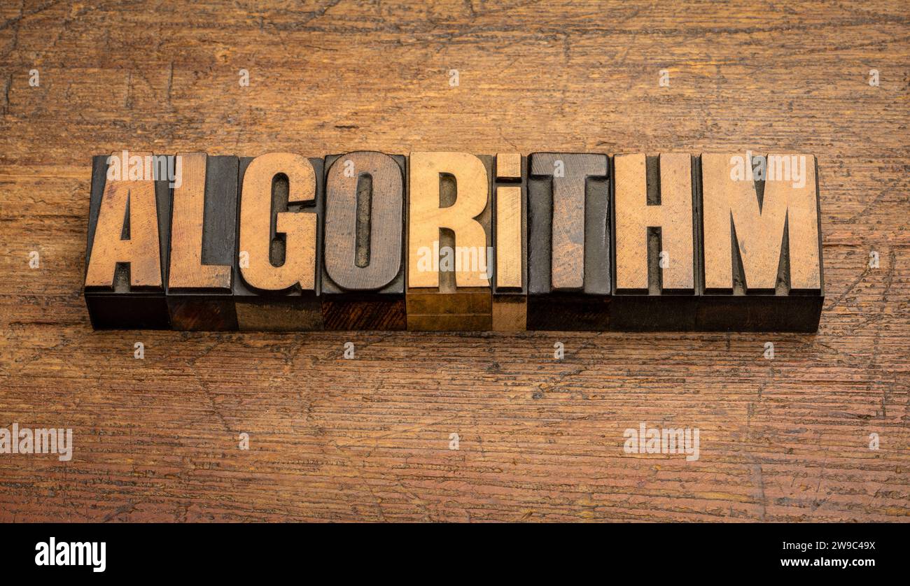 algorithm word in vintage letterpress wood type against grunge wooden ...