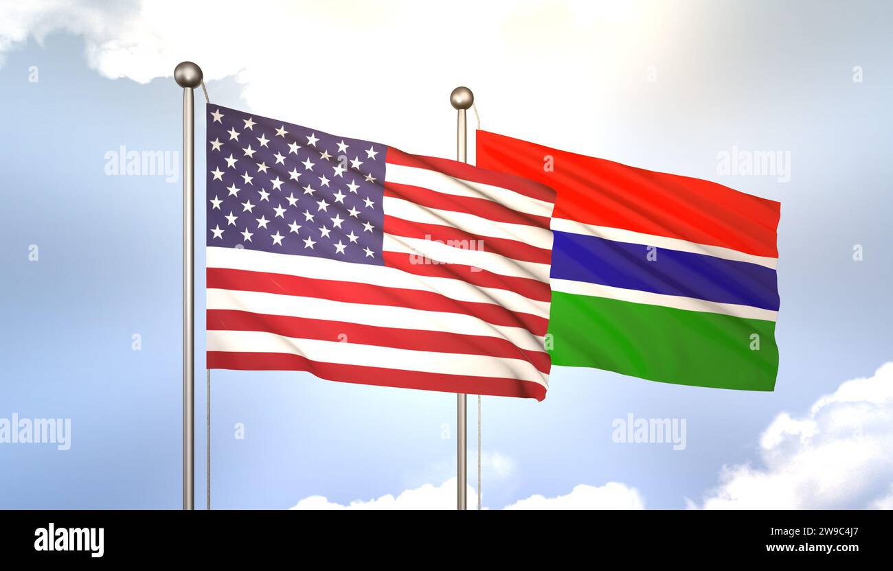 3D Waving Gambia and USA on Flagpole on Blue Sky with Sun Shine Stock ...