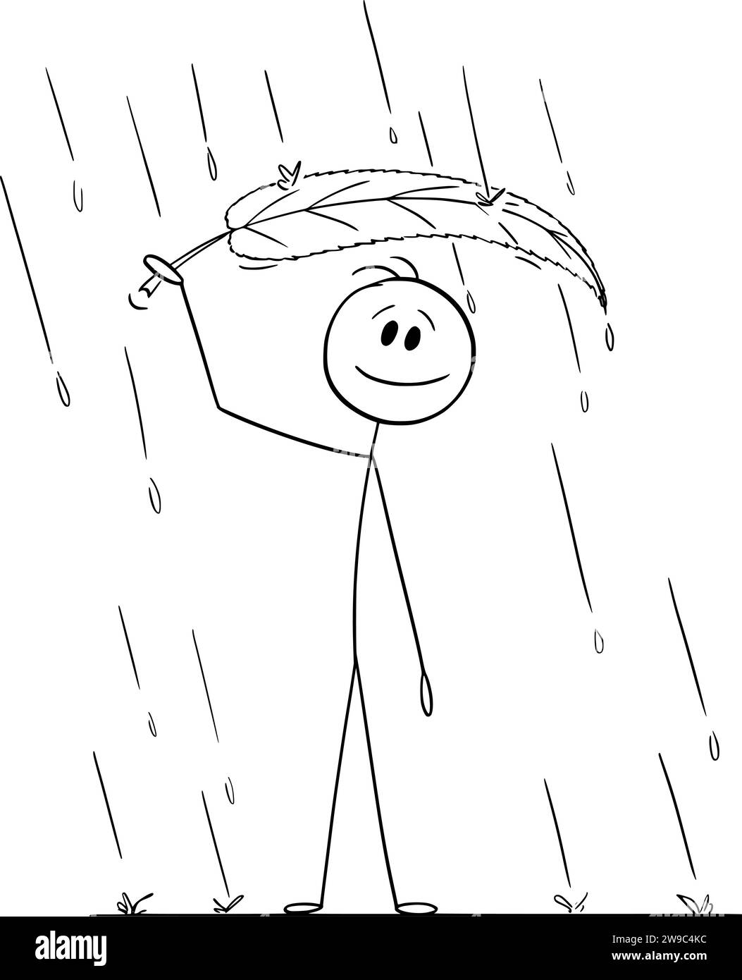 Person Covering Under Leaf as Umbrella, Vector Cartoon Stick Figure Illustration Stock Vector