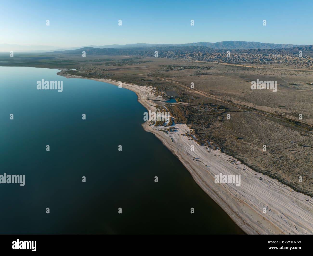 Aerial view over Salton sea in California. Huge lake in the middle of a