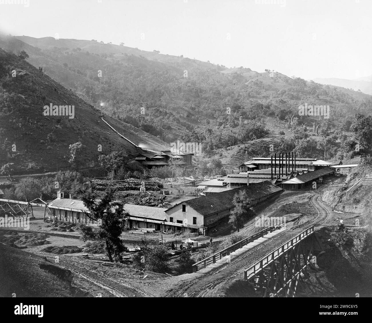 halftone of the smelting works of the New Almaden Quicksilver Mine in