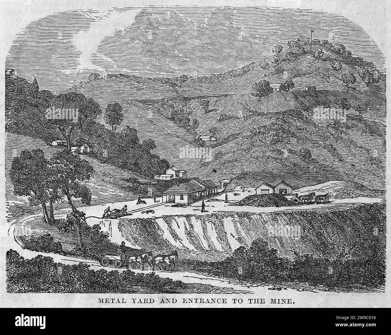Engraving of the metal yard and entrance to the New Almaden Quicksilver Mine in California, USA, circa 1856. Stock Photo