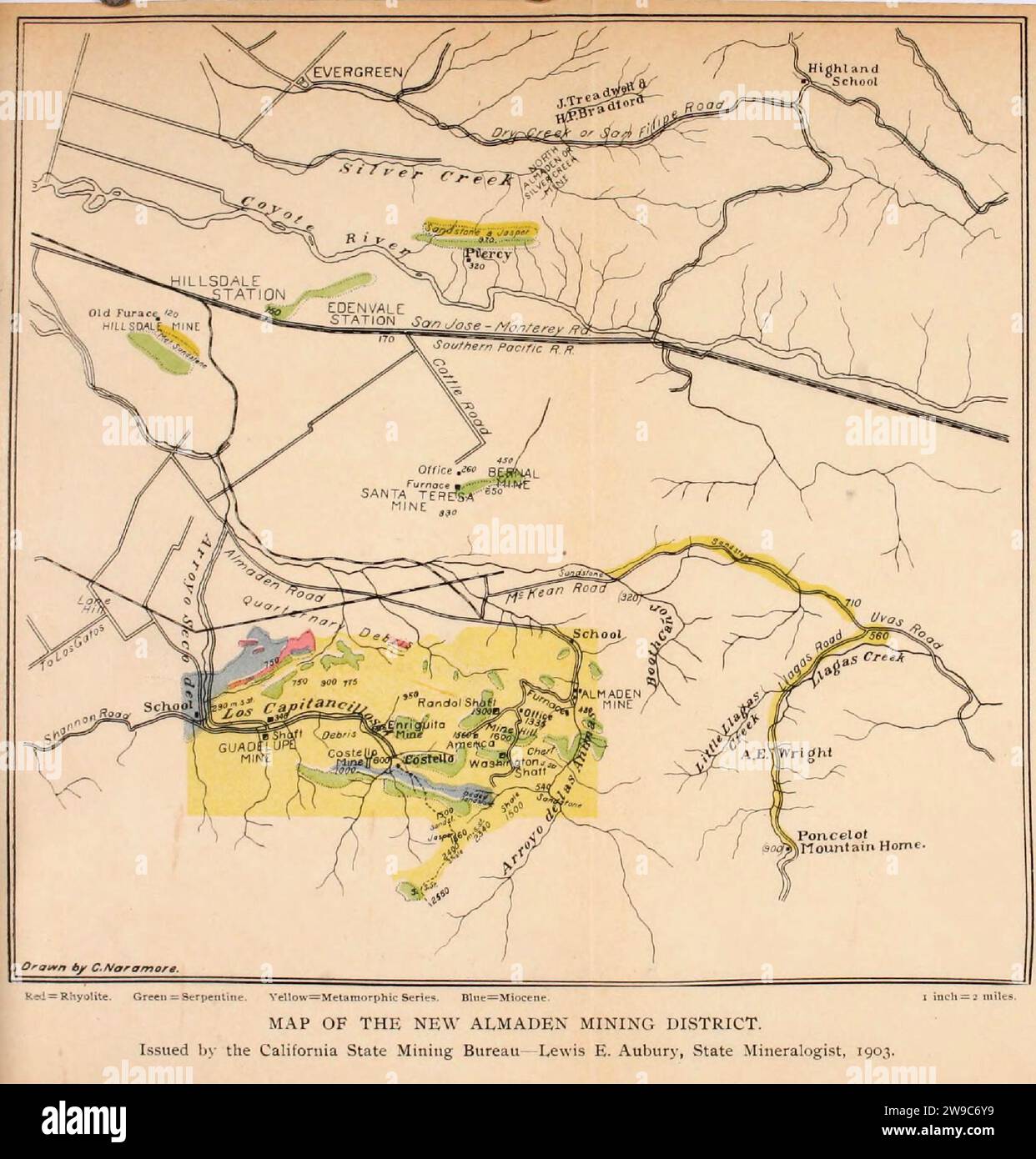 Map of New Almaden Quicksilver Mine in California,, USA, and surrounding quicksilver resources, circa 1903 Stock Photo