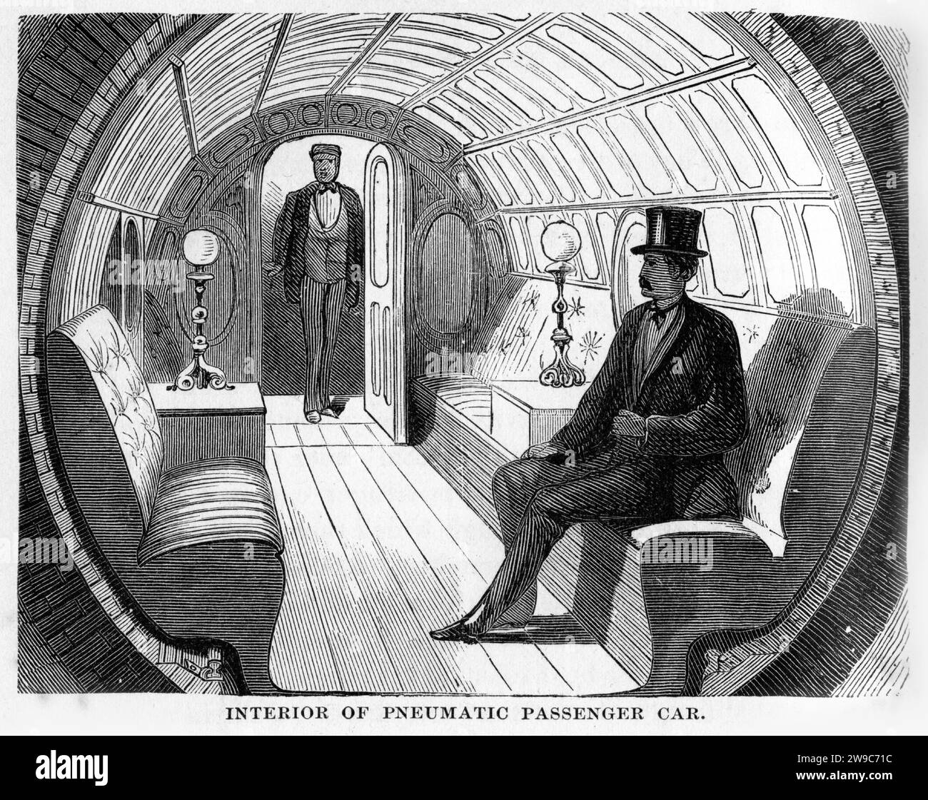 Engraving of a pneumatic passenger car on the Broadway Underground