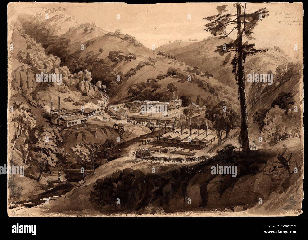 watercolour of the New Almaden Quicksilver Mine in California, USA, Stock Photo