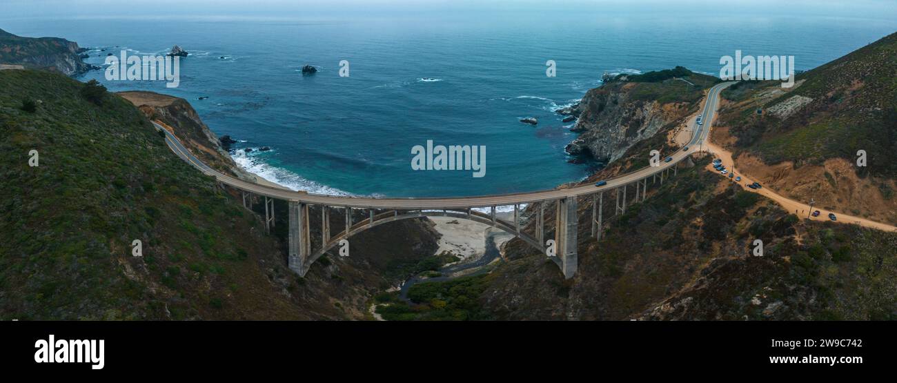 Bixby bridge aerial view in California, USA. Beautiful bridge Stock Photo