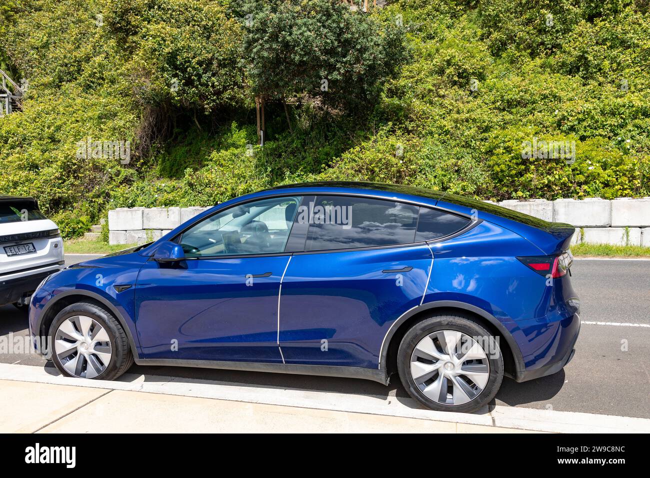 Blue Tesla Model Y Parked In Palm Beach Sydney Australia In December Blue Tesla Model Y Parked In Palm Beach Sydney Australia In December