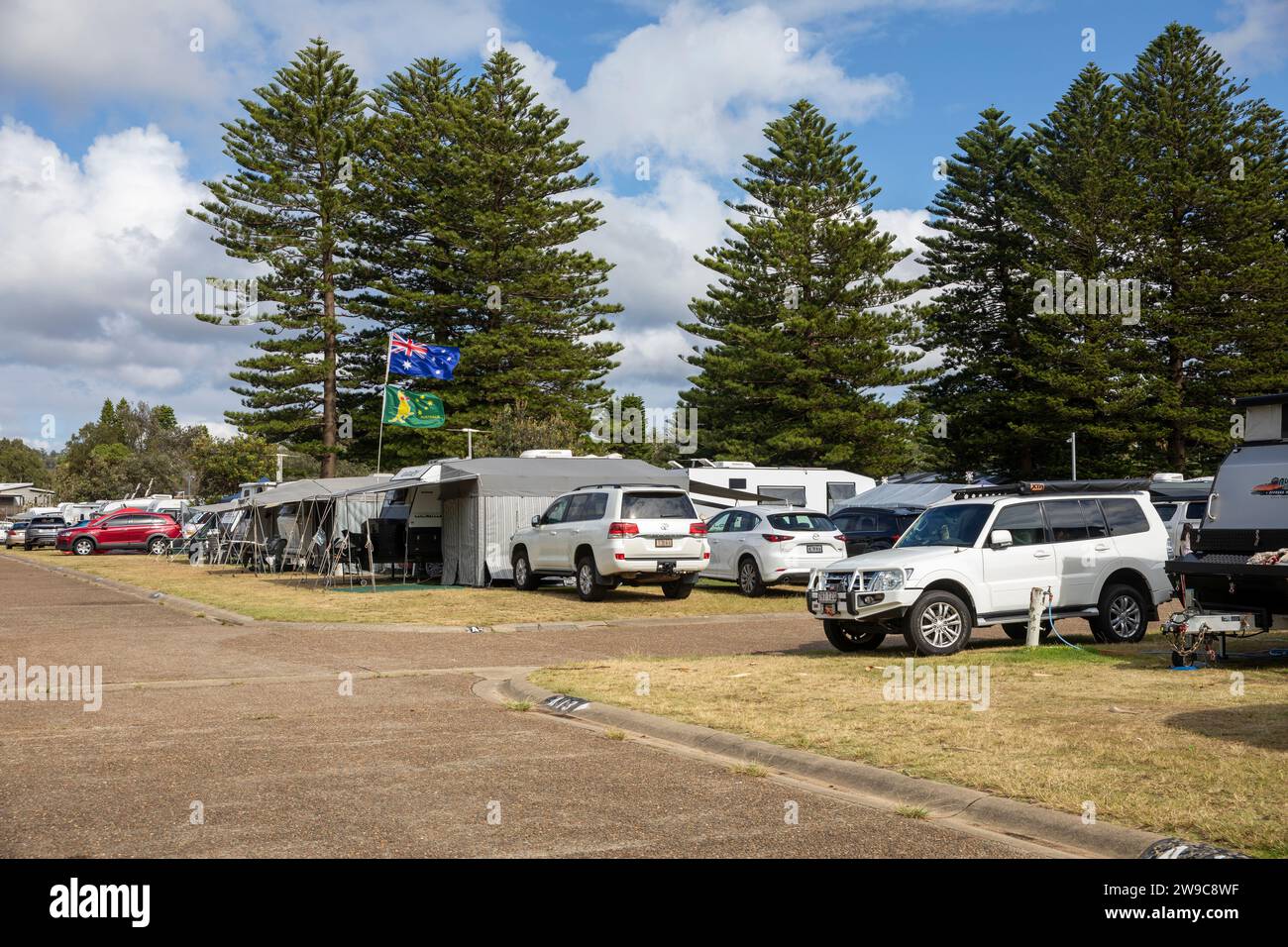 Australian caravan and camping site in Narrabeen beach Sydney with australian flag flying