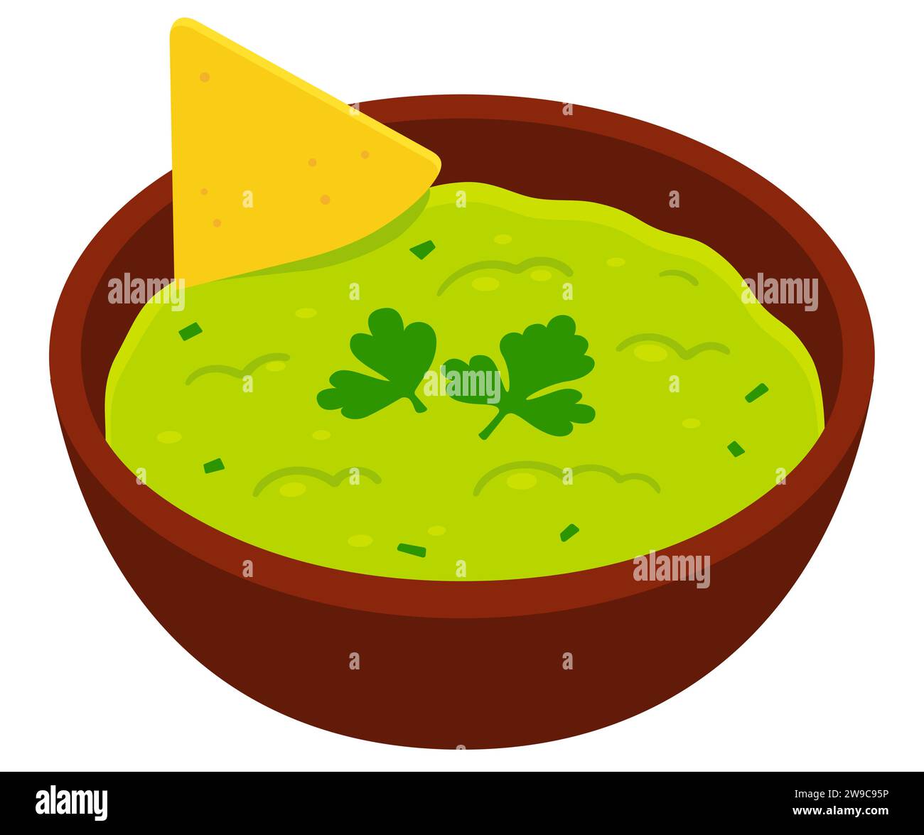 Guacamole bowl with corn tortilla chip (nacho) cartoon drawing. Isolated vector clip art illustration. Stock Vector