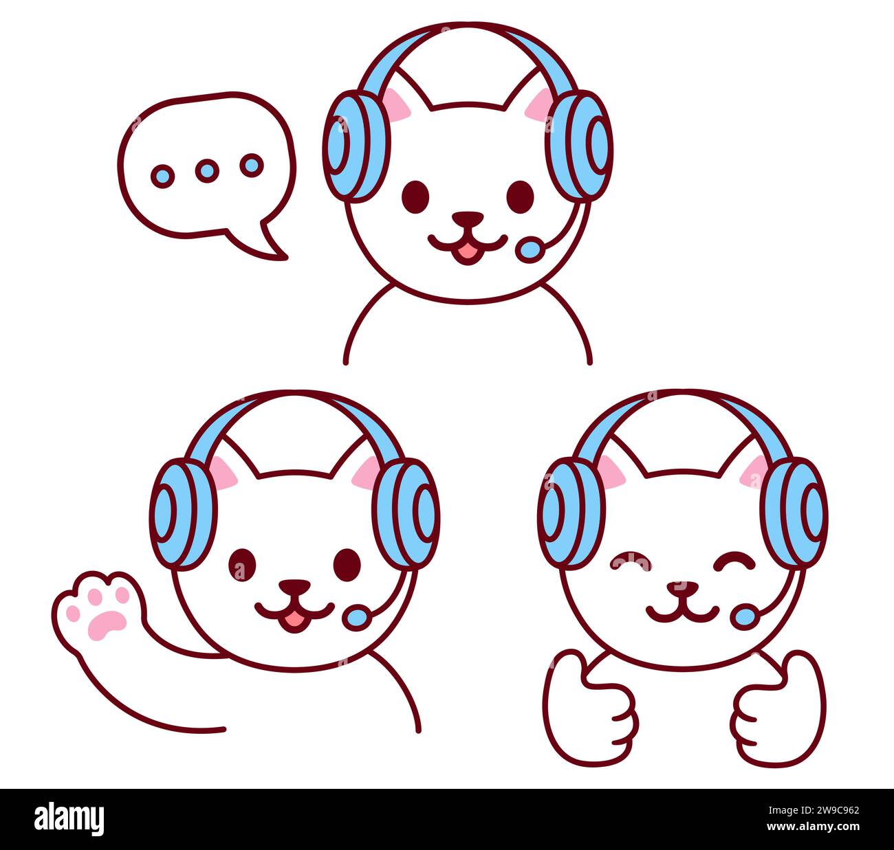 Cute cartoon cat character in headset vector illustration set. Customer support help desk or live stream chat. Stock Vector