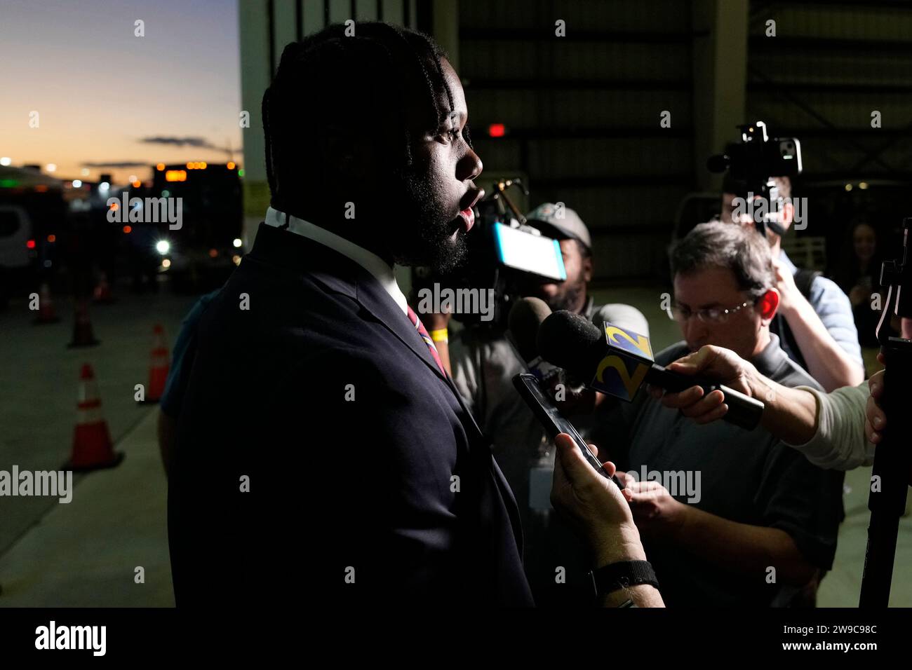 Georgia offensive lineman Sedrick Van Pran speaks with reporters Tuesday,  Dec. 26, 2023 in Miami. Georgia will is scheduled to play against Florida  State in the Orange Bowl NCAA college football game