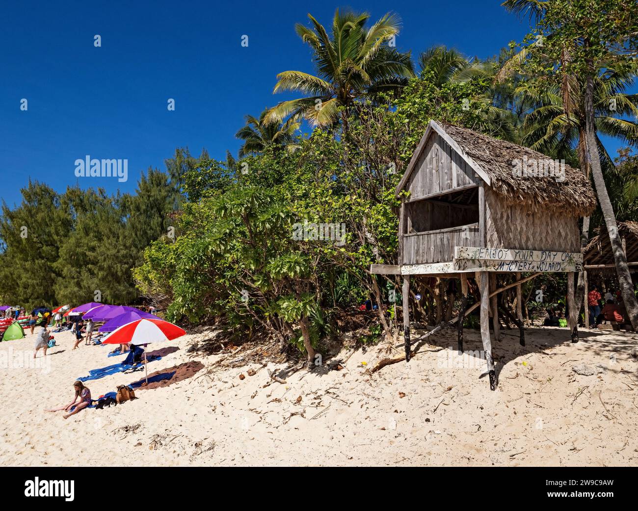 South Pacific Cruise /  Cruise ship passengers  from Carnival Splendor enjoy the white sandy beach on Mystery Island.After departing from Sydney Aus Stock Photo